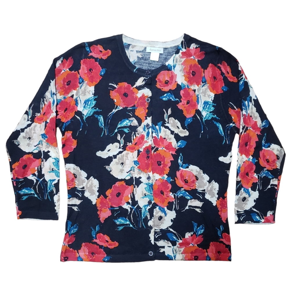 Garnet Hill Cardigan Sweater Marino Wool Multi Floral Poppy Flowers M
